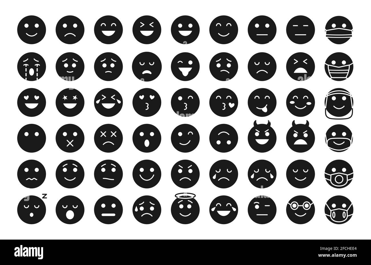 Emoji face black glyph icon set. Different type emoticon smile silhouette collection. Template mood faces expressing laugh, sad or angry, love. Emoticons in mask Isolated on white vector illustration Stock Vector