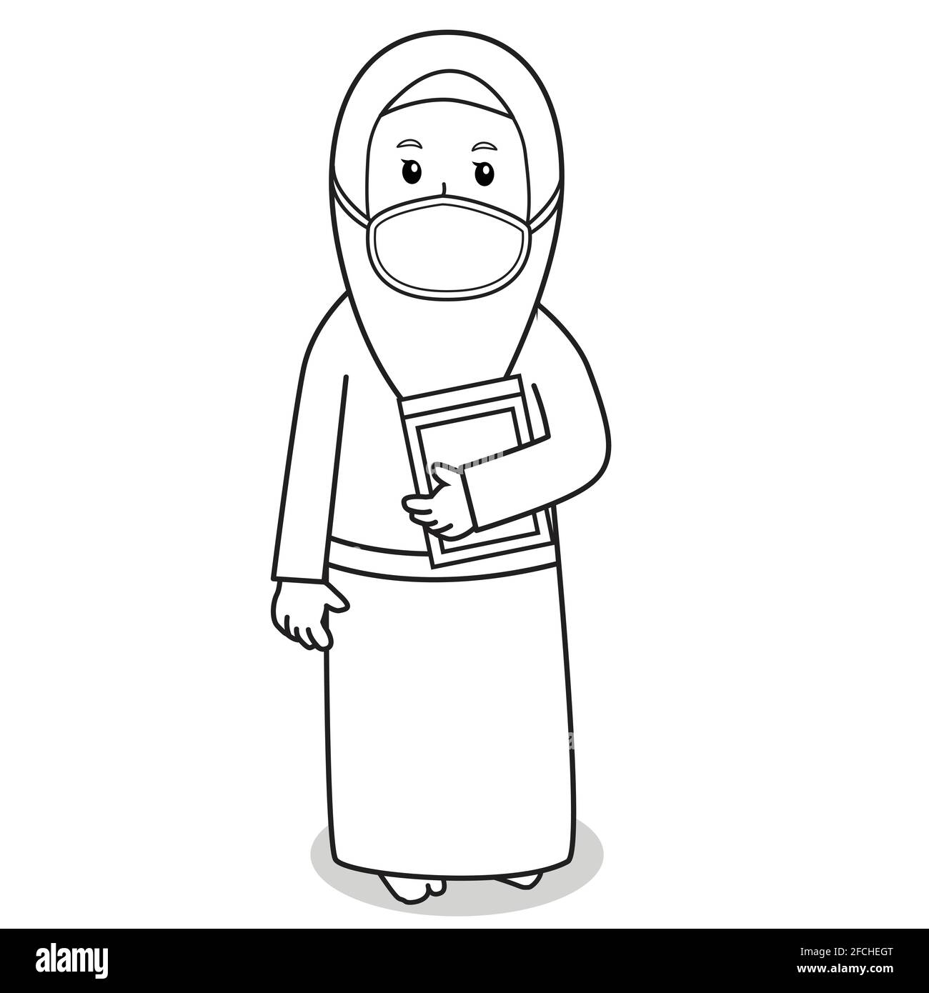 Muslim Woman use green dress traditional muslim. bring al quran holy book in ramadan month, using mask and healthy protocol.Character illustration. Stock Vector