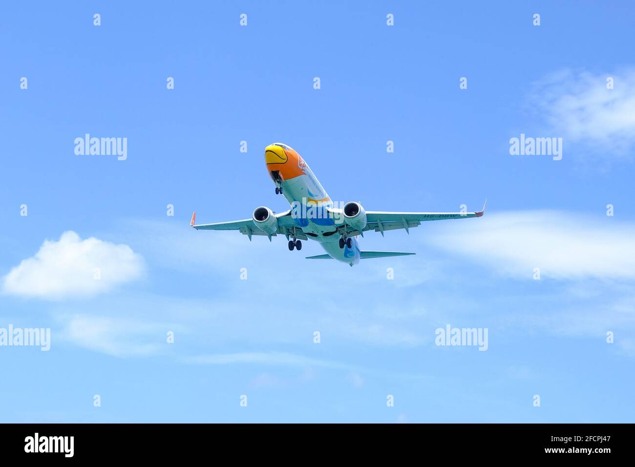 Bangkok THAILAND April 22, 2021: - NOK AIR FLIGHT is the budget airline of Thailand The plane is landing AT Don Muang Airport, Thailand. Stock Photo