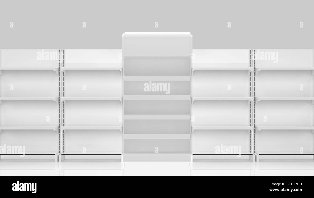White product store shelves. Gondola display. isolated on white background 3D Render Stock Photo