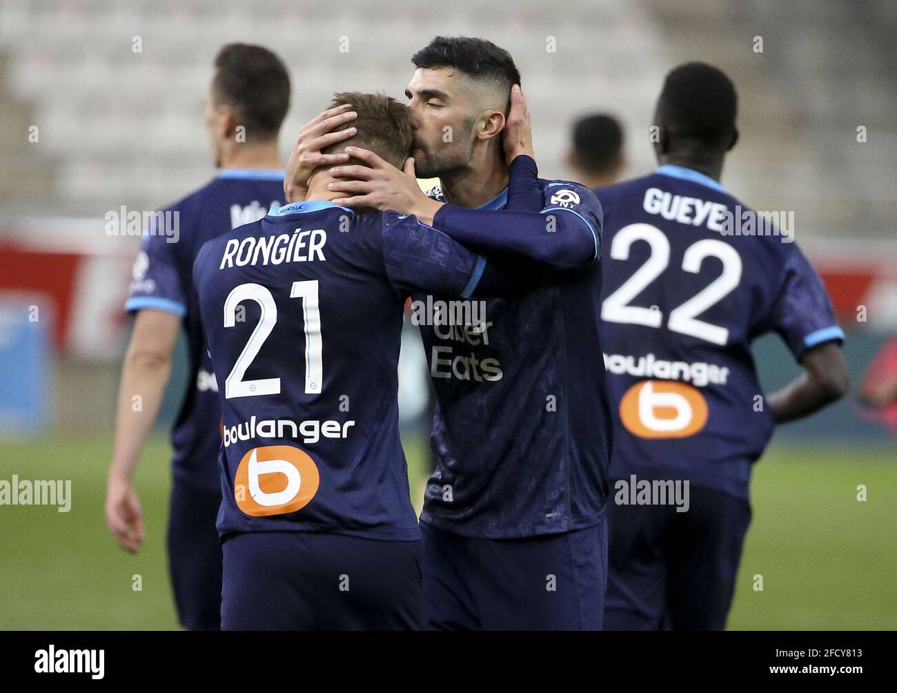 Alvaro Gonzalez of Marseille celebrates the third goal of his team with Valentin Rongier (left) during the French championship Ligue 1 football match between Stade de Reims and Olympique de Marseille (OM) on April 23, 2021 at Stade Auguste Delaune in Reims, France - Photo Jean Catuffe / DPPI / LiveMedia Stock Photo