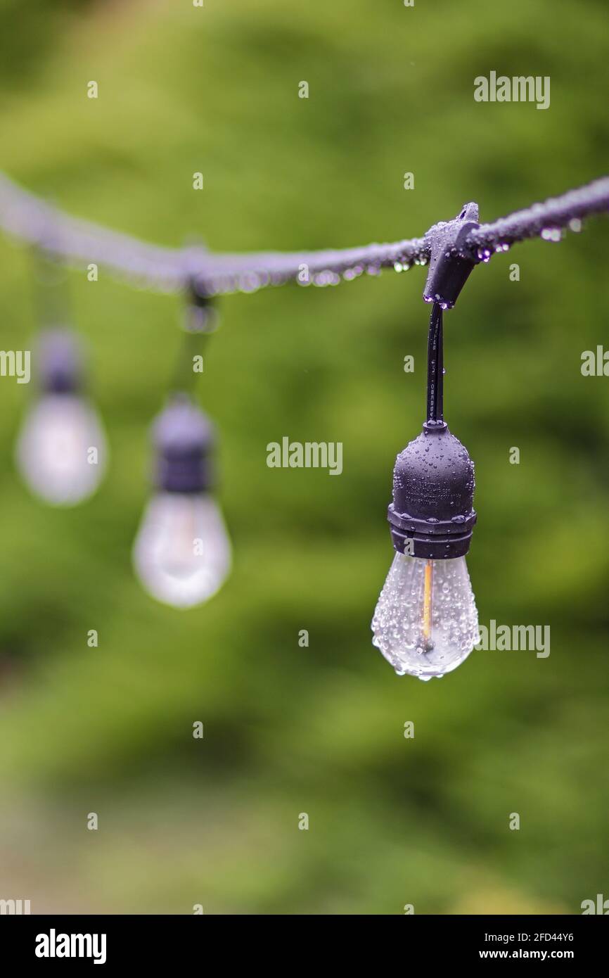 Patio lights in the garden with rain droplets hanging off them Stock