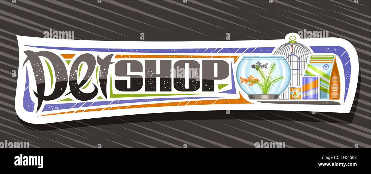 Vector banner for Pet Shop, white decorative sign board with illustration of metal bird cell, aquarium with goldfish and seaweed in water, animal feed Stock Vector