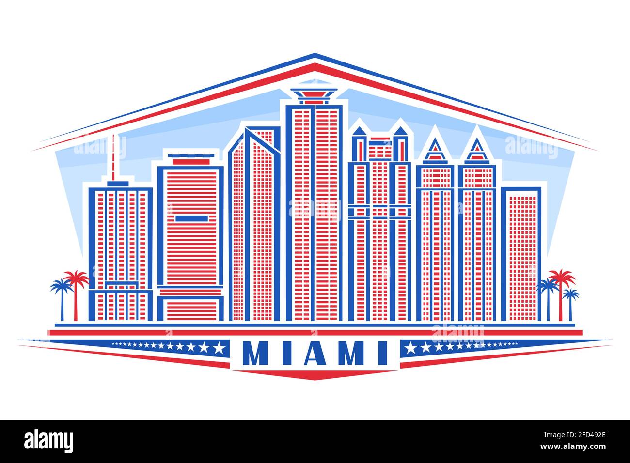 Vector illustration of Miami, horizontal poster with outline design miami city scape on day sky background, red urban line art concept with unique let Stock Vector