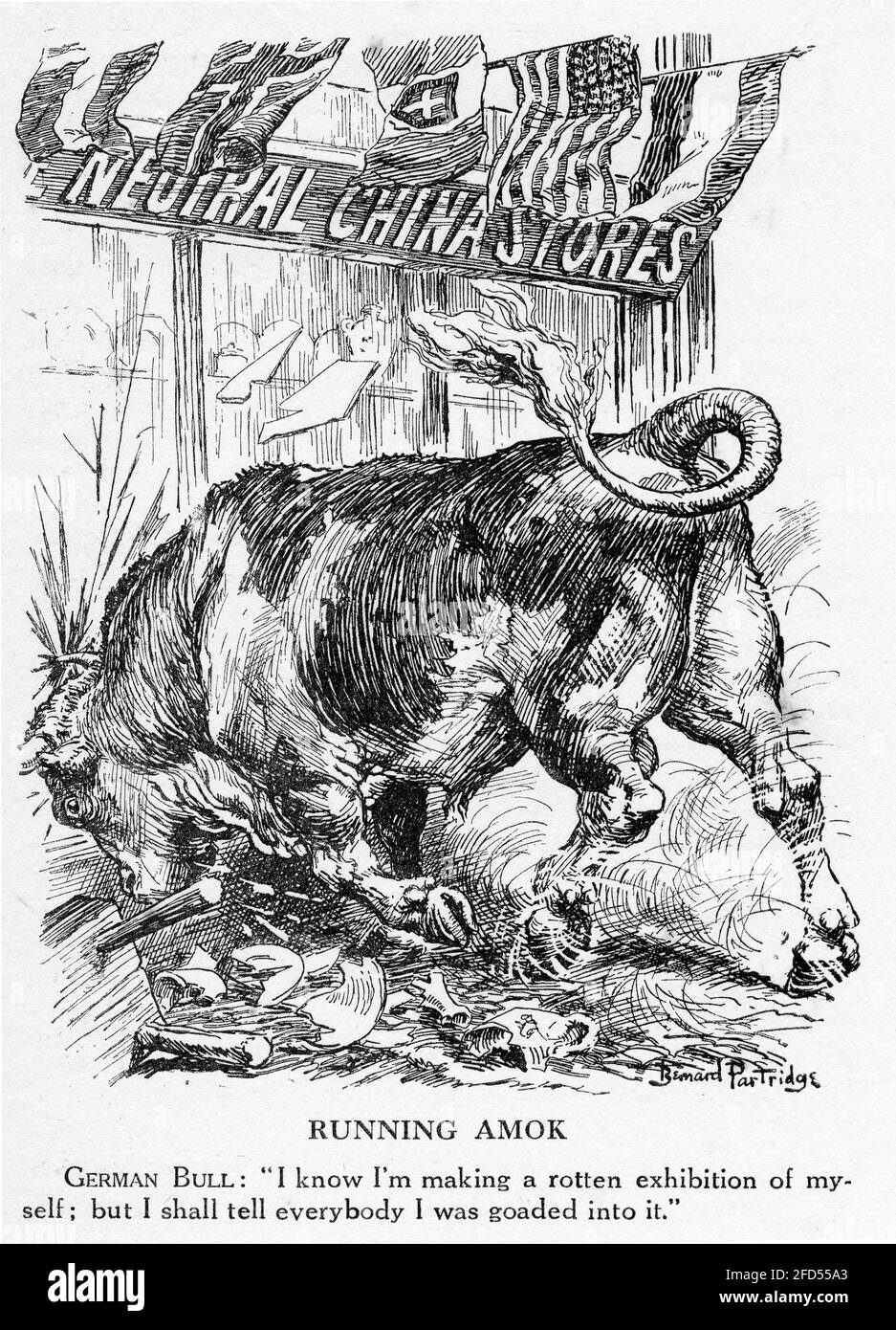 Engraving of A German bull in a China Shop, mocking Germany's justification for war to the neutral countries. From Punch magazine. Stock Photo