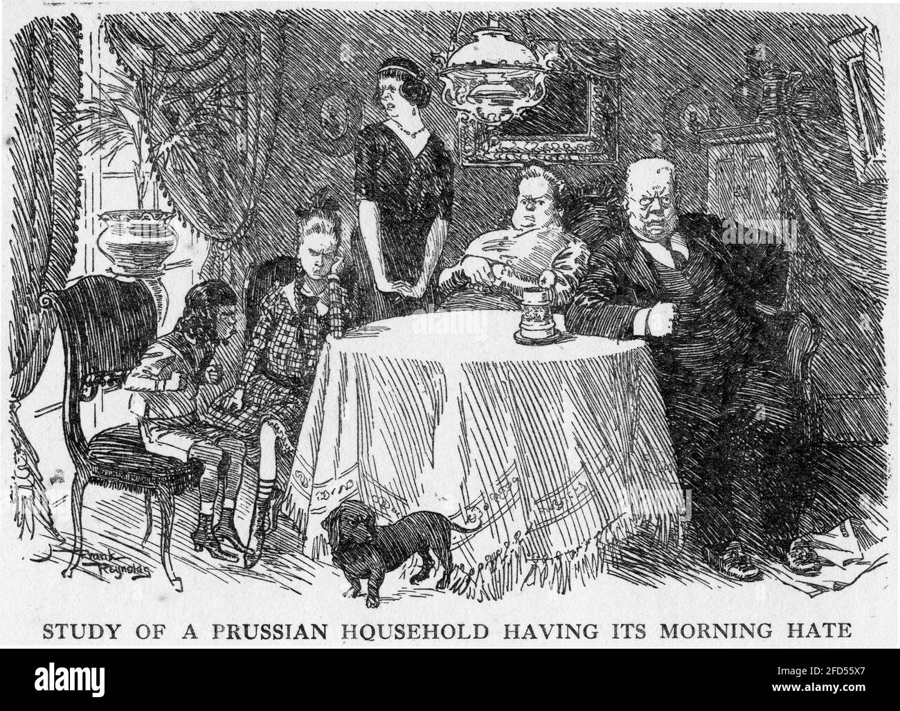 Engraving of A Prussian household having its morning hate, mocking the German attitude to World War One From Punch magazine. Stock Photo