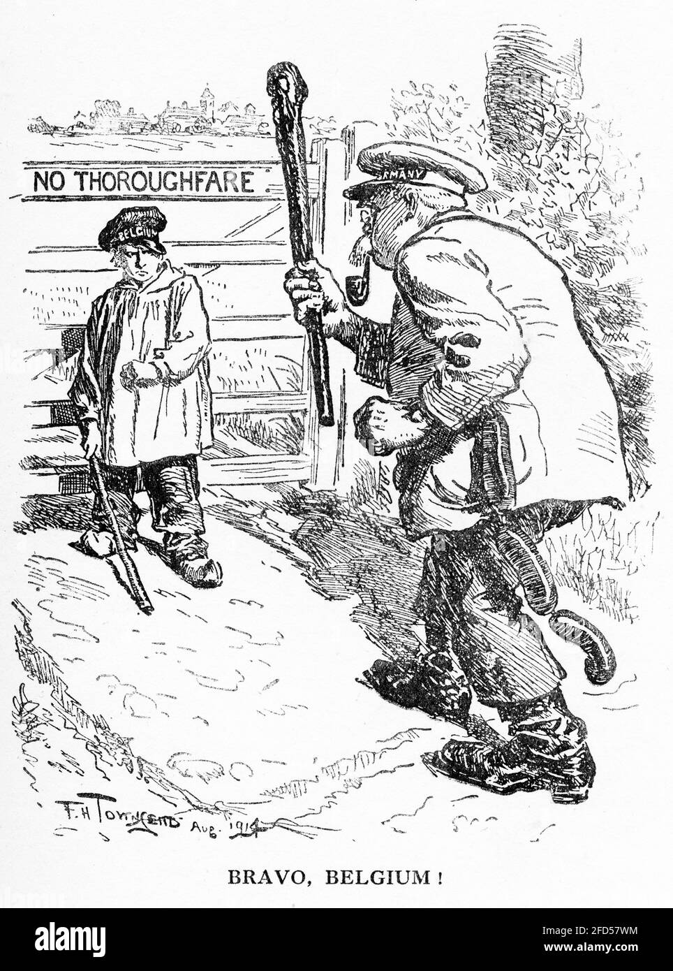 Engraving from World War One mocking a large German with sausages in his coat pocket bullying a little representing Belgium.  Illustration from Punch Magazine Stock Photo