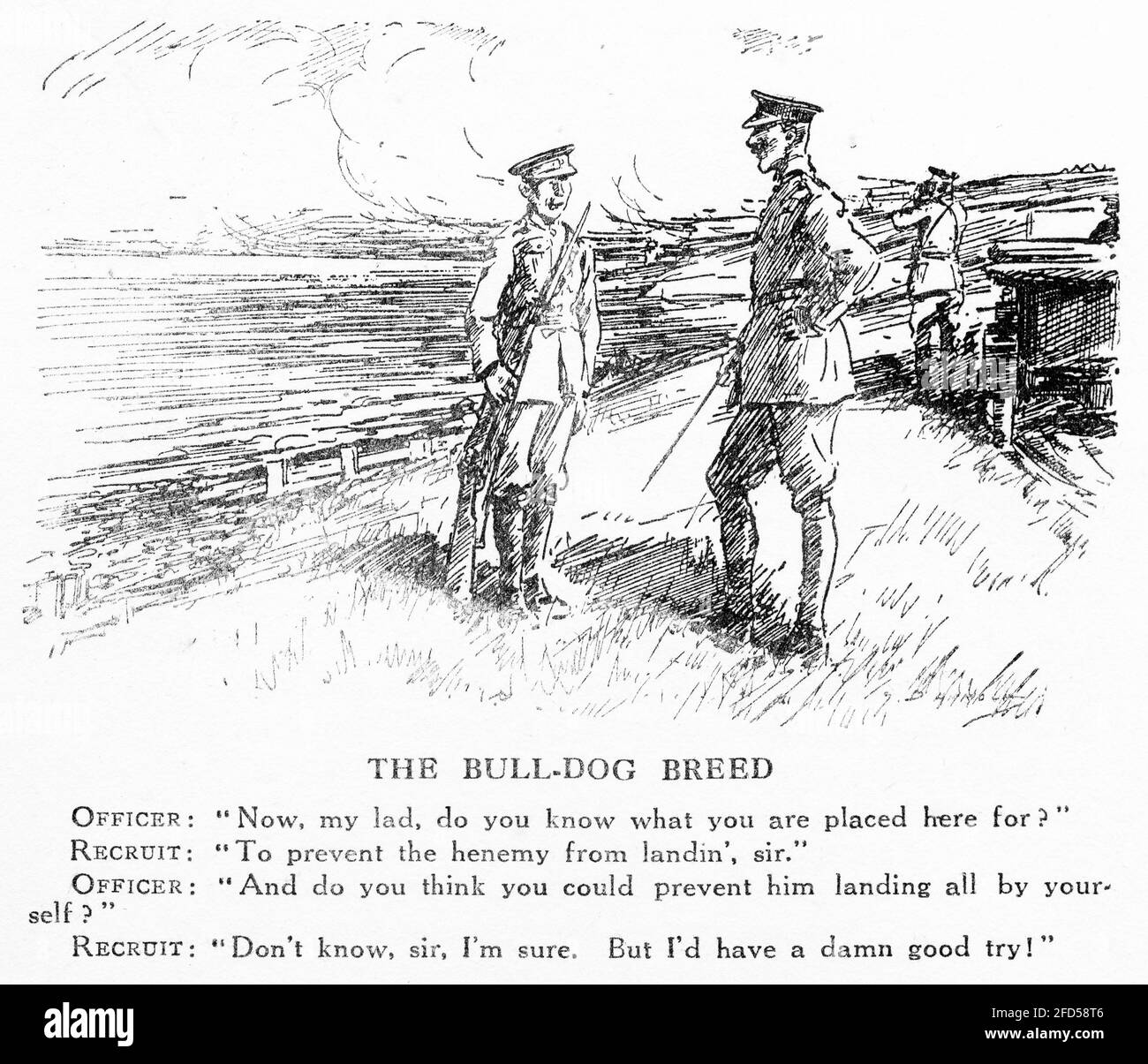 Engraving of an army recruit answering an officer abouthow he's going to staop an invasion.  Illustration from Punch Magazine Stock Photo