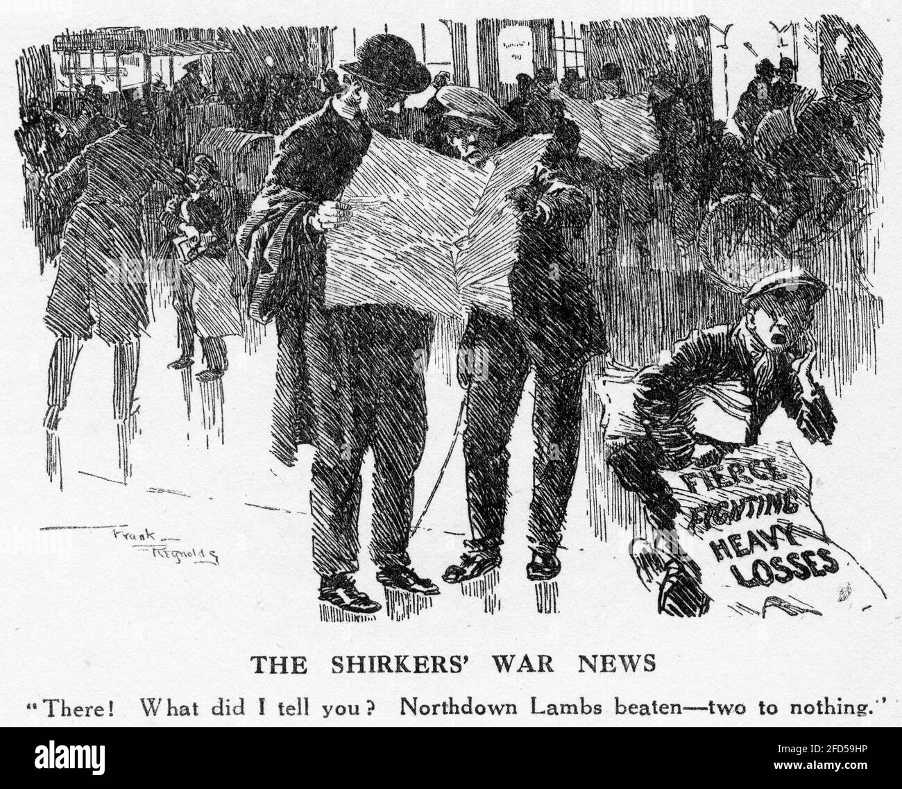 Engraving of a newsboy declaring bad news from the war while the shirkers worry about the sports results. From Punch magazine. Stock Photo