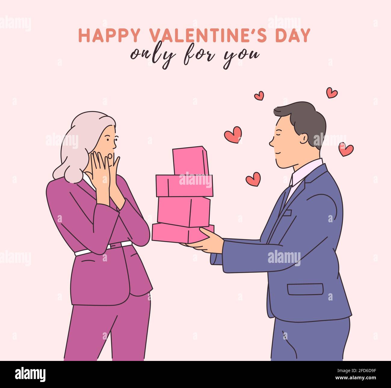 Love, dating, romance, relationship, togetherness, couple concept. Handsome young happy man cartoon character giving gifts to shocked woman. Modern li Stock Vector