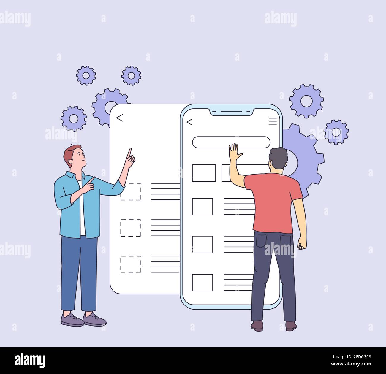 Development, prototyping, testing of mobile user graphic ux disassembled interface concept. Usability testing mobile screen with people man. Developme Stock Vector