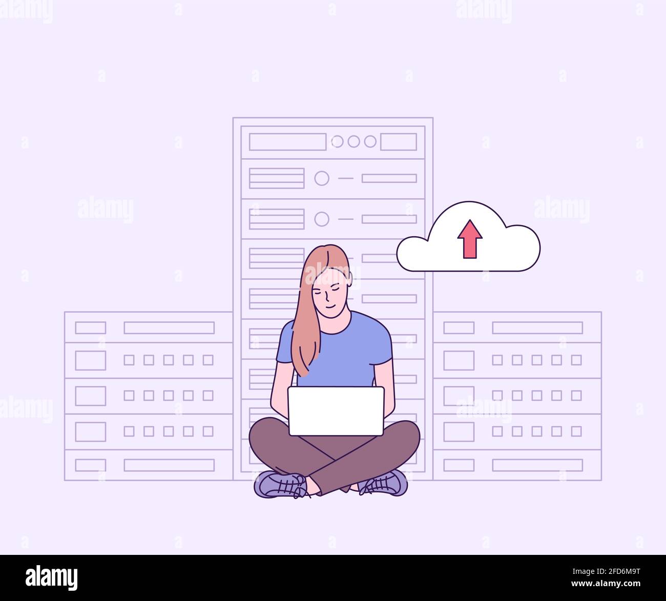 Online security, data protection, antivirus software, cloud hosting concept. Young woman IT administrator working in server room for hardware diagnost Stock Vector