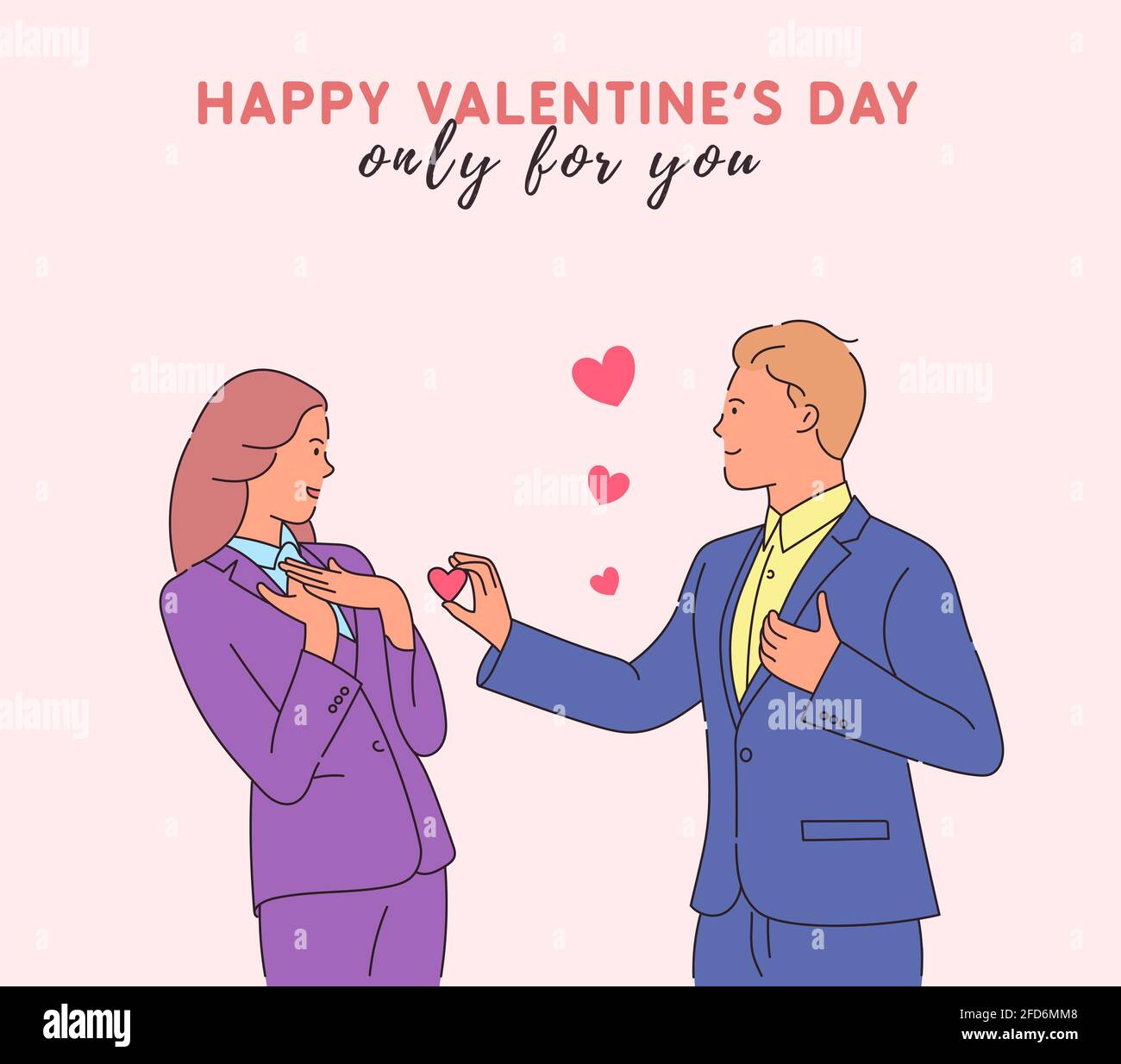 Love, valentines day concept. Young enamored man giving heart-shaped card to shocked woman. Modern line style illustration Stock Vector