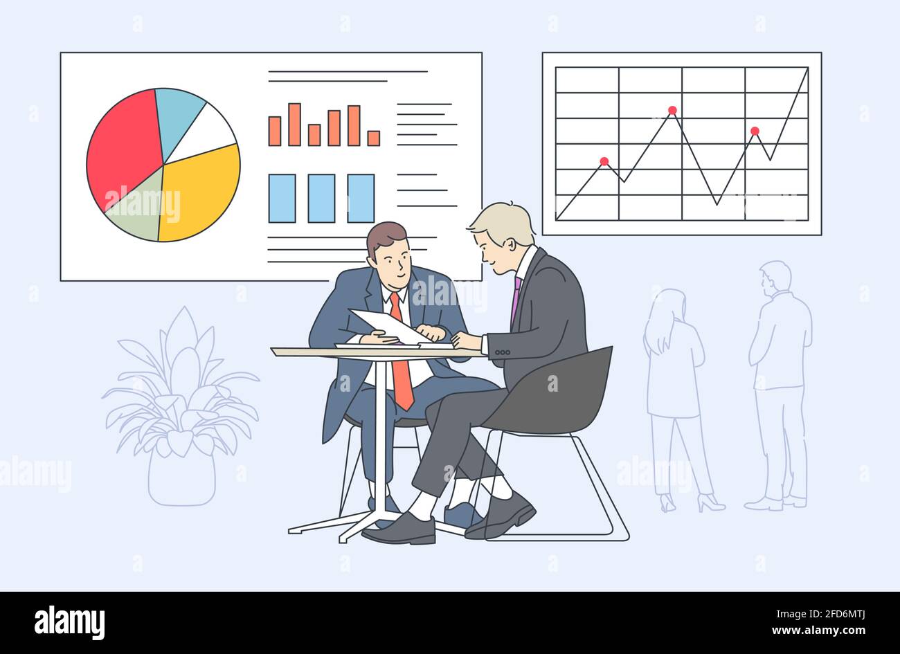 Coworking, teamwork, business presentation concept. Business people do teamwork or coworking on business presentation. Stock Vector