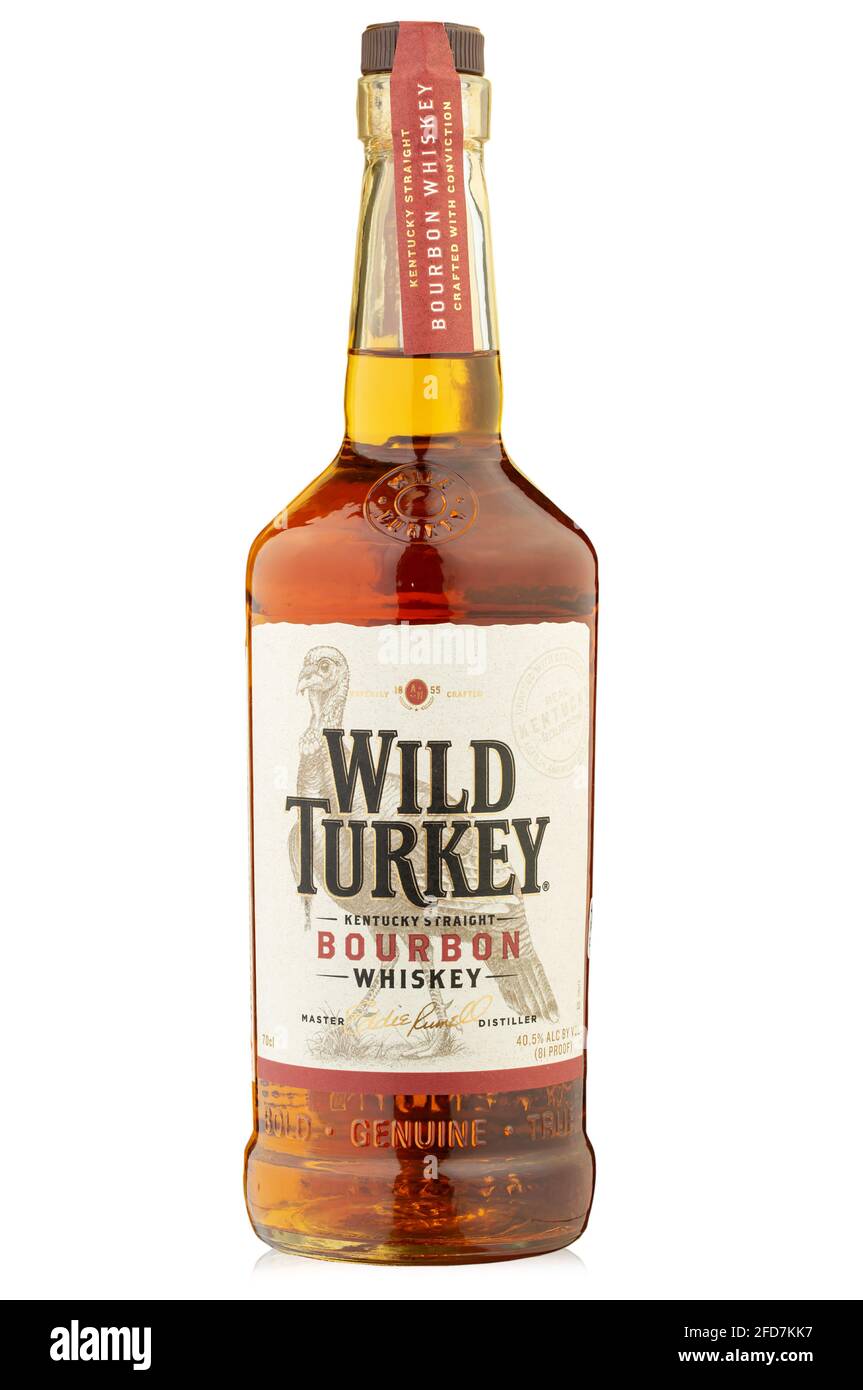 Ukraine, Kyiv - April 21, 2021:  Wild Turkey is a brand of Kentucky straight bourbon whiskey produced by the Austin Nichols division of Campari Group Stock Photo