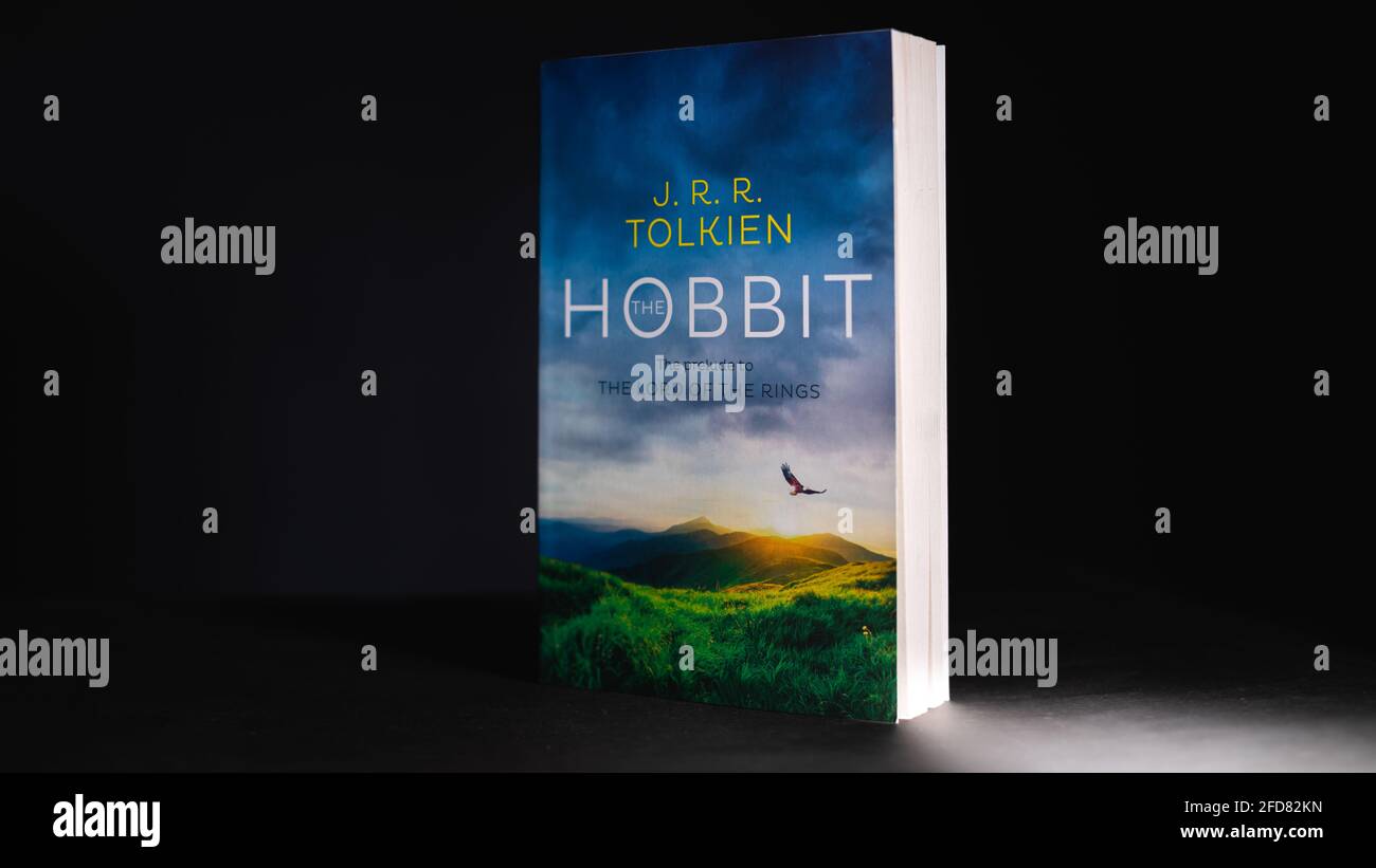 Galle, Sri Lanka - 04 07 2021:The Hobbit by J R R Tolkien, famous Lord of the rings prelude novel book stands. Fantasy fiction novel book for kids. Re Stock Photo