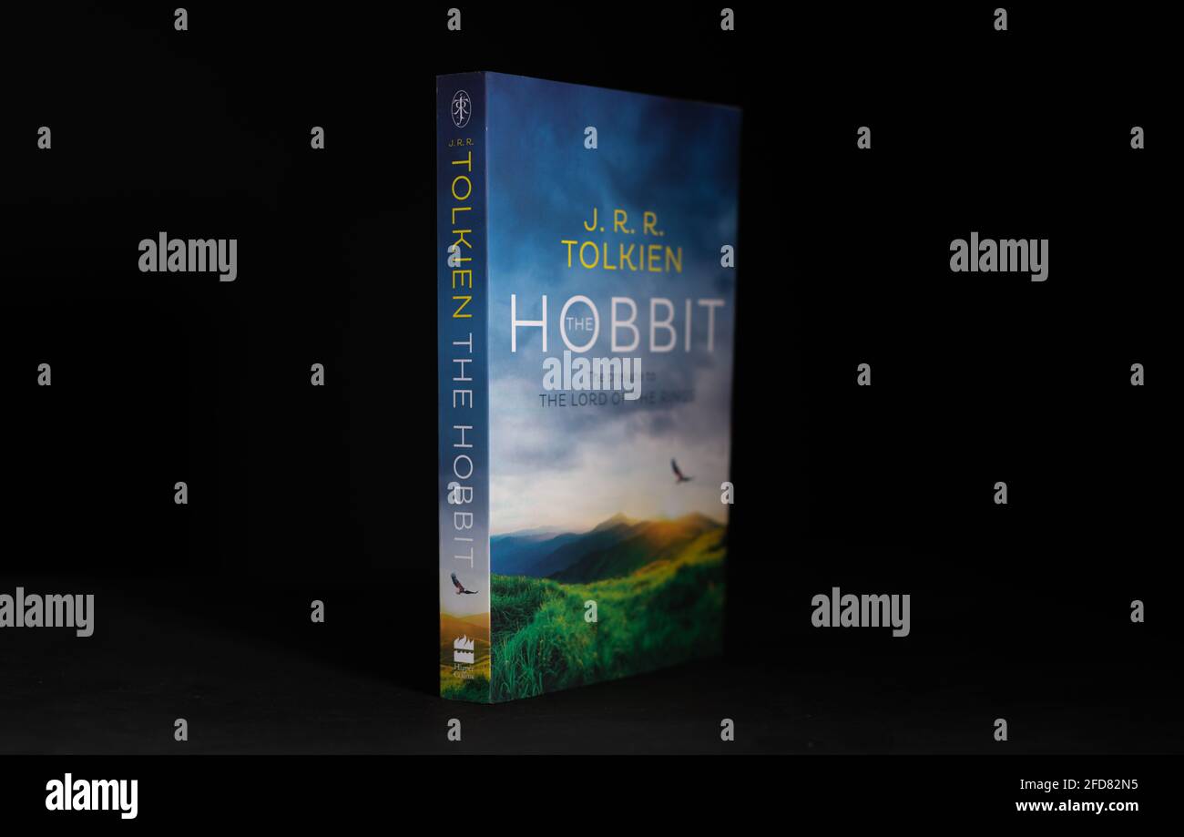 Galle, Sri Lanka - 04 07 2021:The Hobbit, World famous novel book lay stands in the darkroom tabletop. Stock Photo