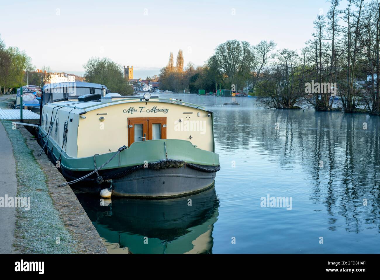 River boats on the river thames at mill meadows on a frosty spring morning. Henley-on-Thames, Oxfordshire, England Stock Photo
