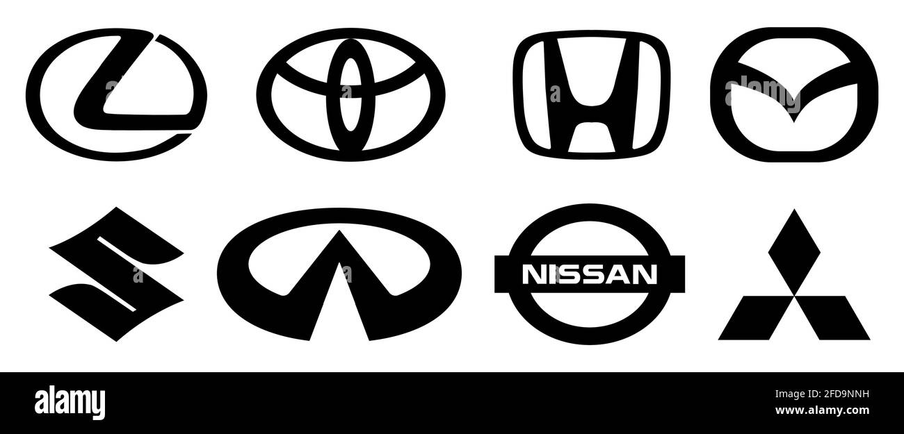 Vinnytsia, Ukraine - April 22, 2021: Set of most popular Japanese car companies logo. Lexus, Toyota, Honda, Mazda, Suzuki, Infiniti, Nissan, Mitsubish Stock Vector