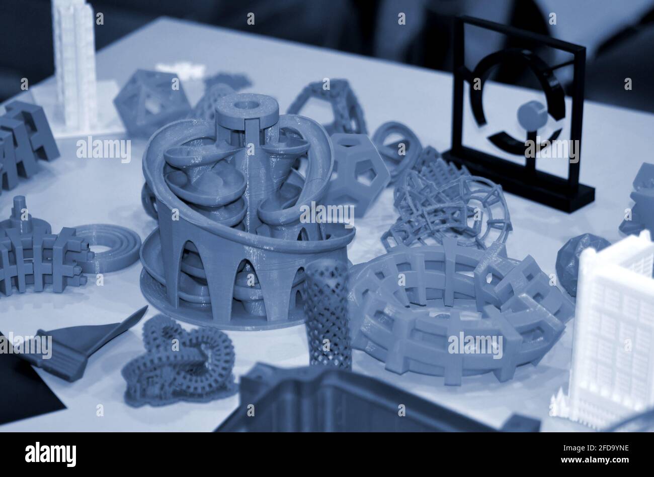 Forms printed by 3d printer. Objects printed on a 3d printer on a table. Stock Photo