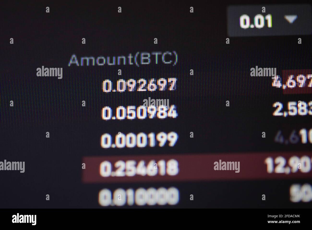 Shallow depth of field footage with details of Bitcoin cryptocurrency on a crypto exchange app, on a digital screen. Stock Photo
