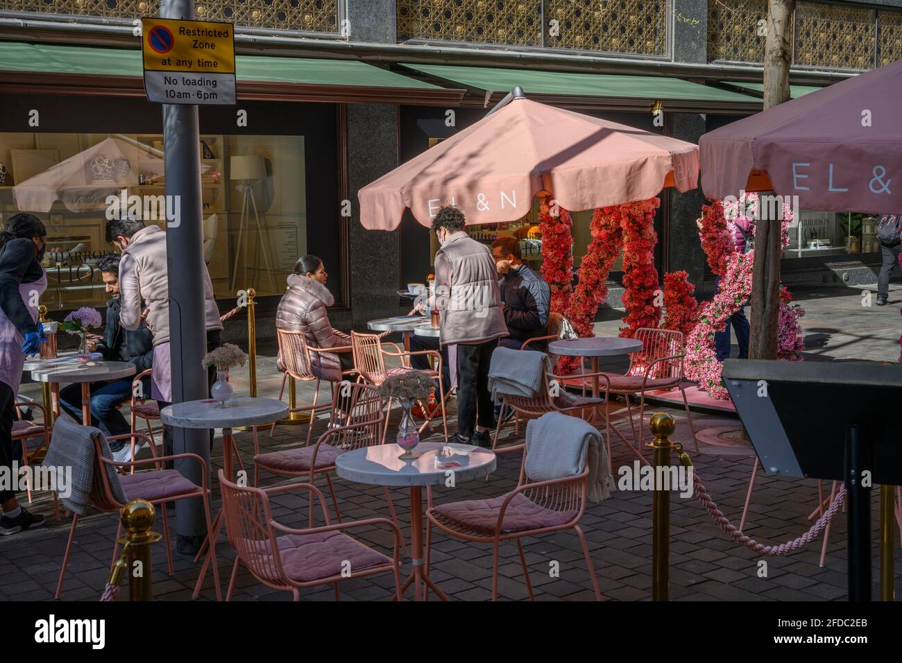 ELAN outdoor cafe area on Hans Crescent outside Harrods, 23 April 2021, Knightsbridge, London during Covid-19 restriction easing Stock Photo
