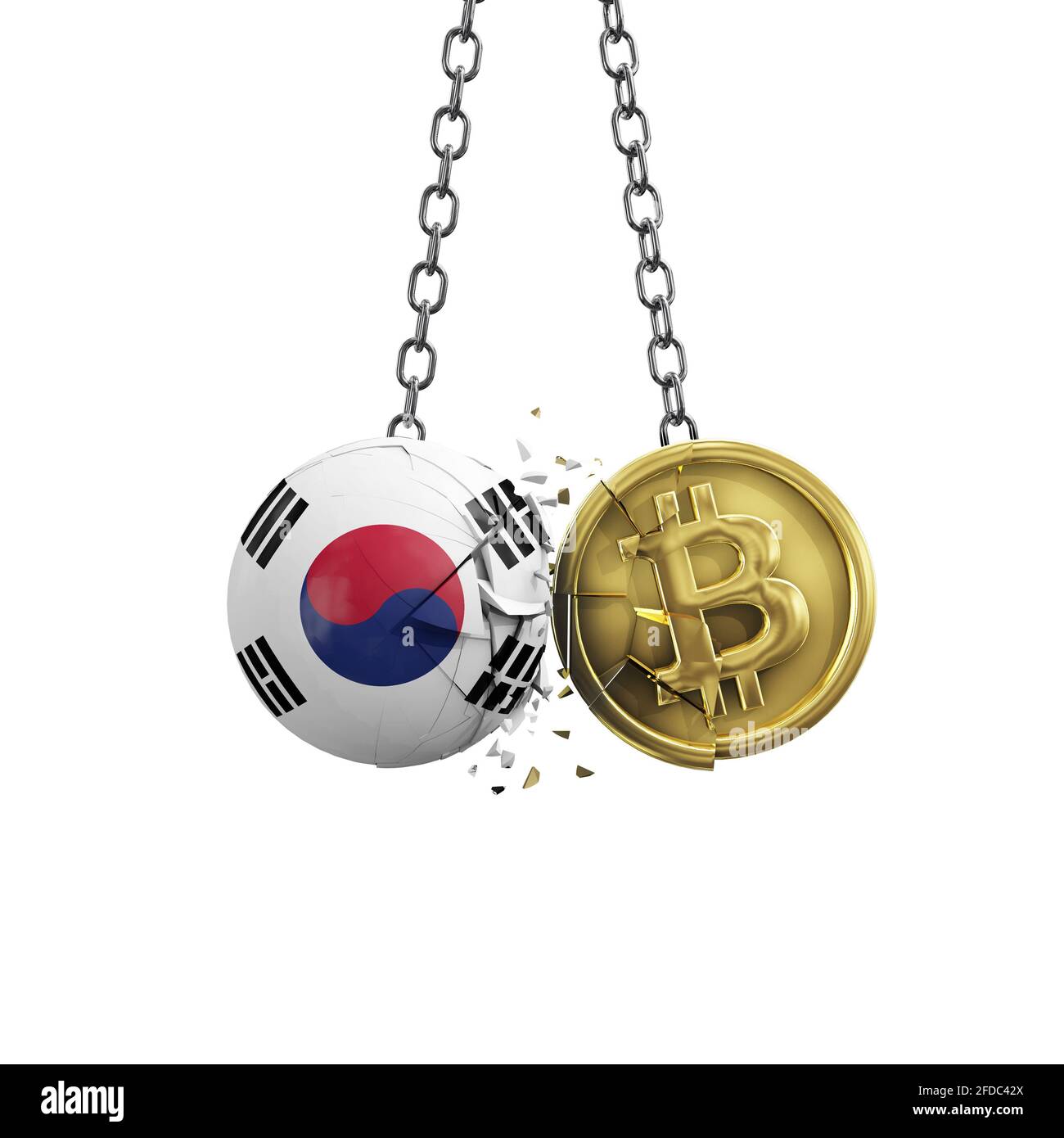 South Korea flag smashing into a gold bitcoin crypto coin. 3D Rendering  Stock Photo - Alamy
