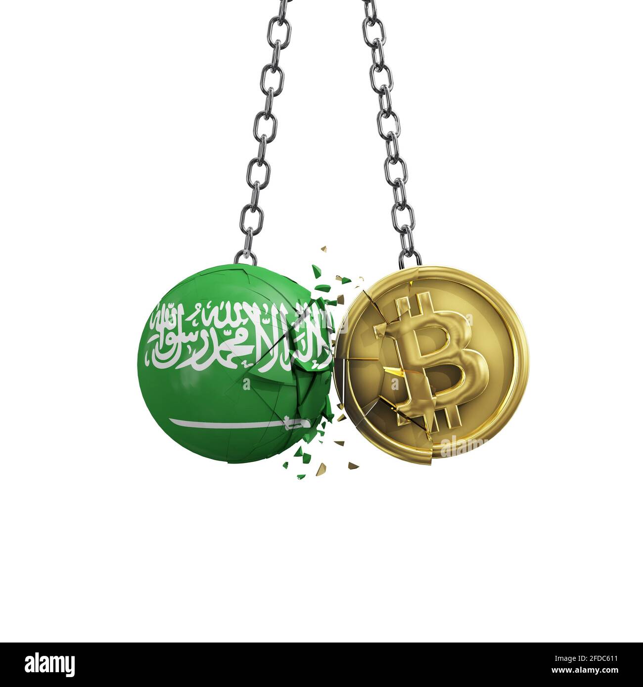 Saudi Arabia flag smashing into a gold bitcoin crypto coin. 3D Rendering Stock Photo