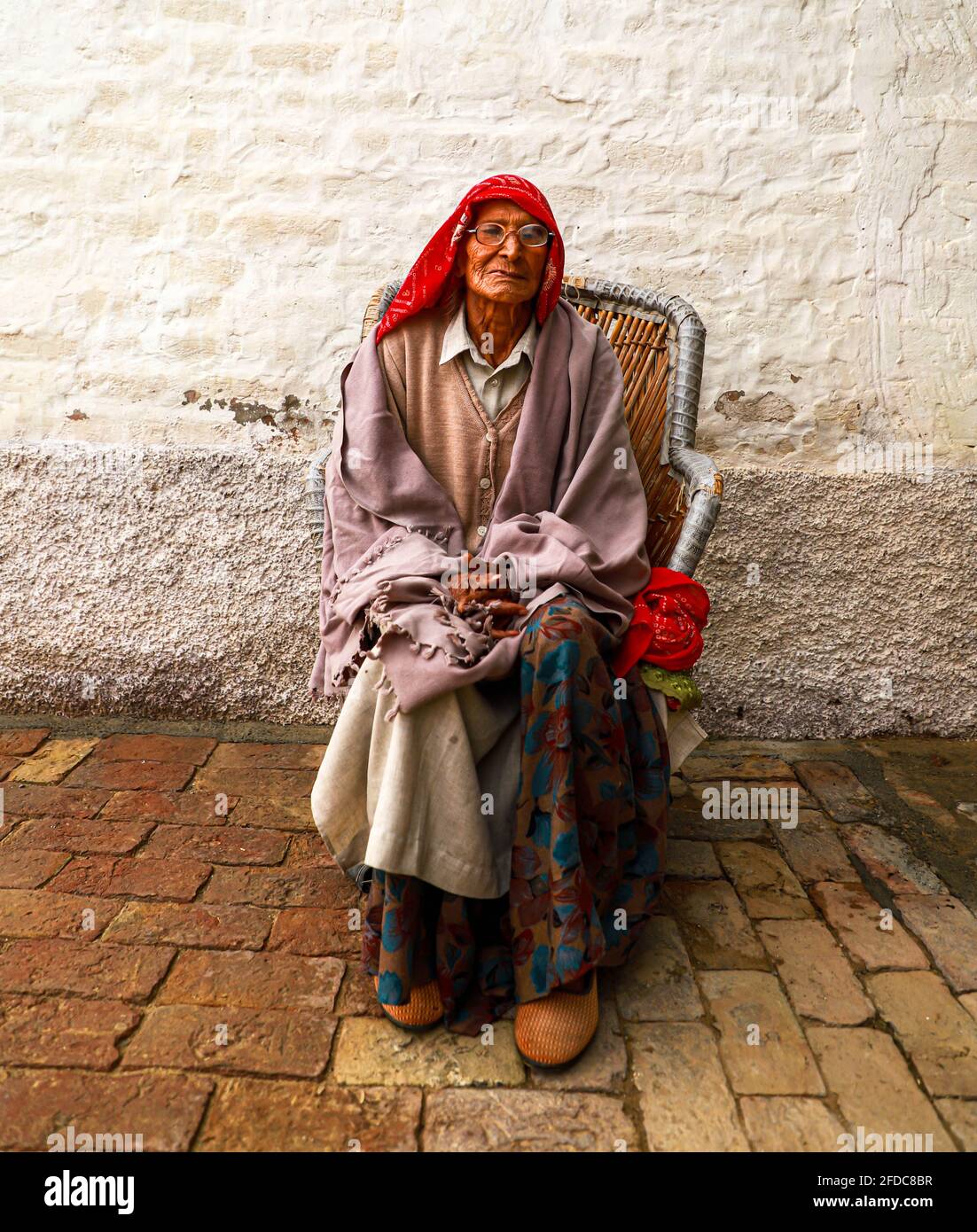 portrait of senior indian woman,having wrinkles on her face. Stock Photo