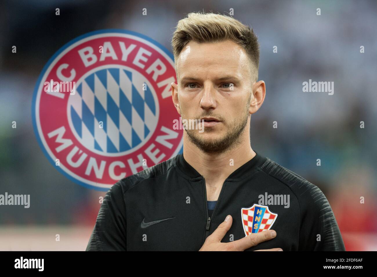 Nizhny Novgorod, Russland. 24th Apr, 2021. PHOTOMONTAGE: Bayern obviously wanted Rakitic! Archive photo; Ivan RAKITIC (CRO) sings the national anthem with, singing, presentation, presentation, line up, line-up, half-length portrait, Argentina (ARG) - Croatia (CRO) 0: 3, preliminary round, group D, game 23, on 21.06 .2018 in Moscow; Soccer World Cup 2018 in Russia from 14.06. - July 15, 2018. ÃâAoÃ‚Â | usage worldwide Credit: dpa/Alamy Live News Stock Photo