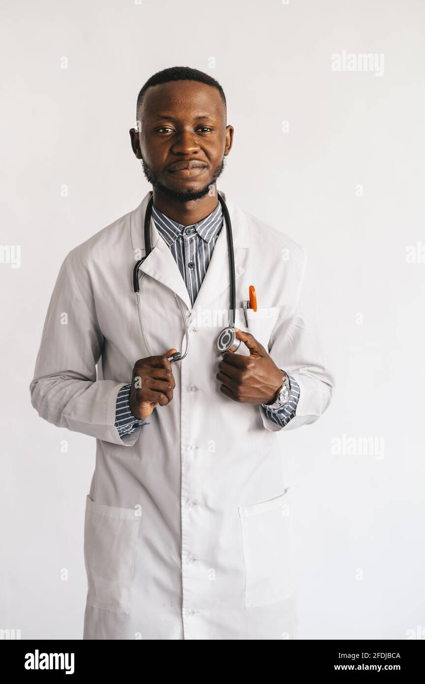 Black doctor with stethoscope isolated on white background Stock Photo