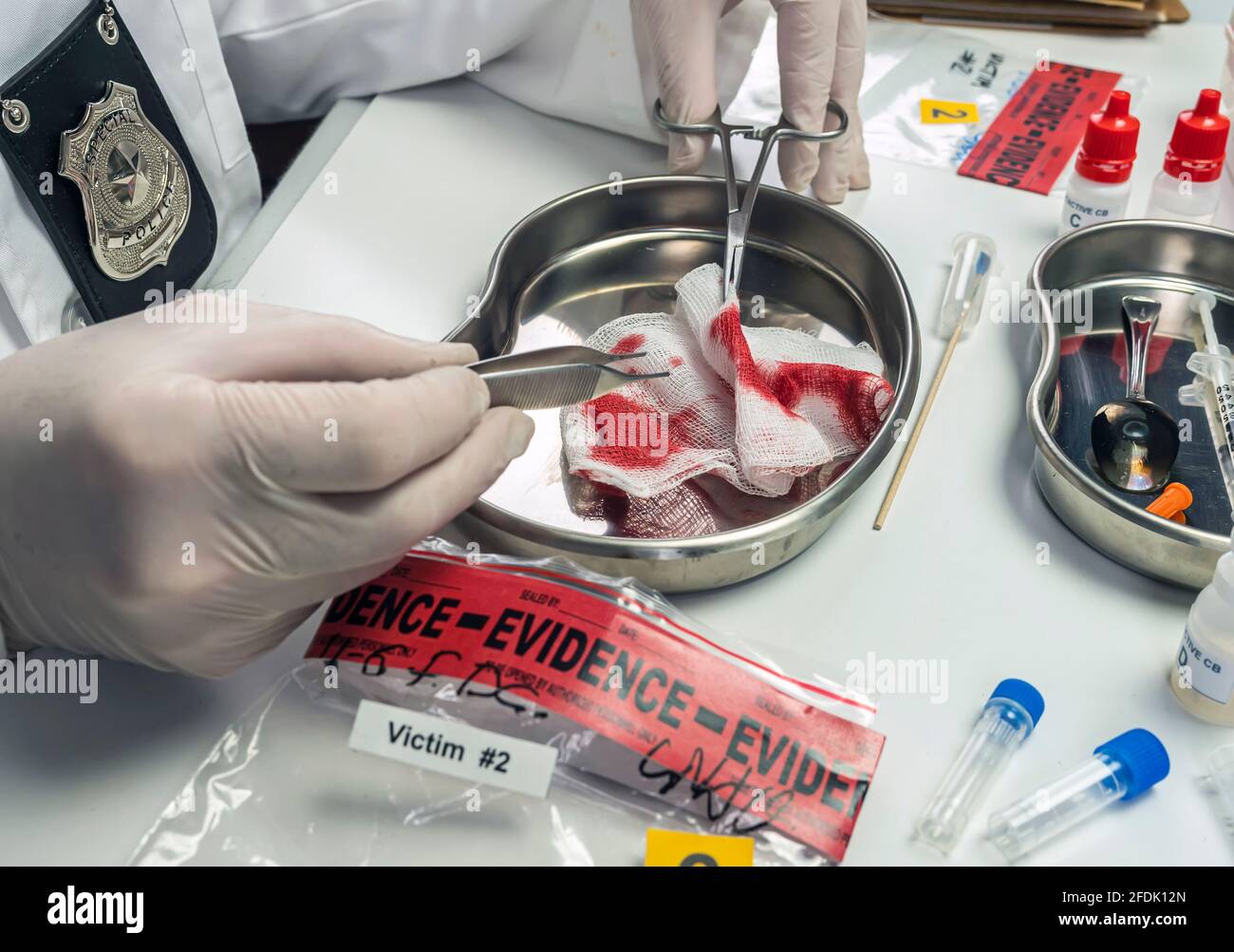 Police scientist examines bloodstained gauze from a drug overdose case, conceptual image Stock Photo