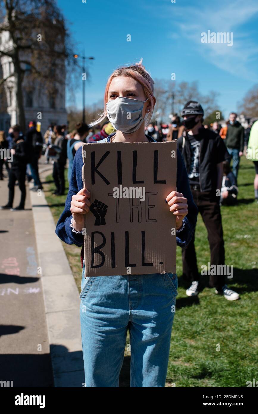 London, UK. 17 Apr 2021. 'Kill The Bill' protest, against the government's proposed Police, Crime, Sentencing and Courts Bill. Stock Photo