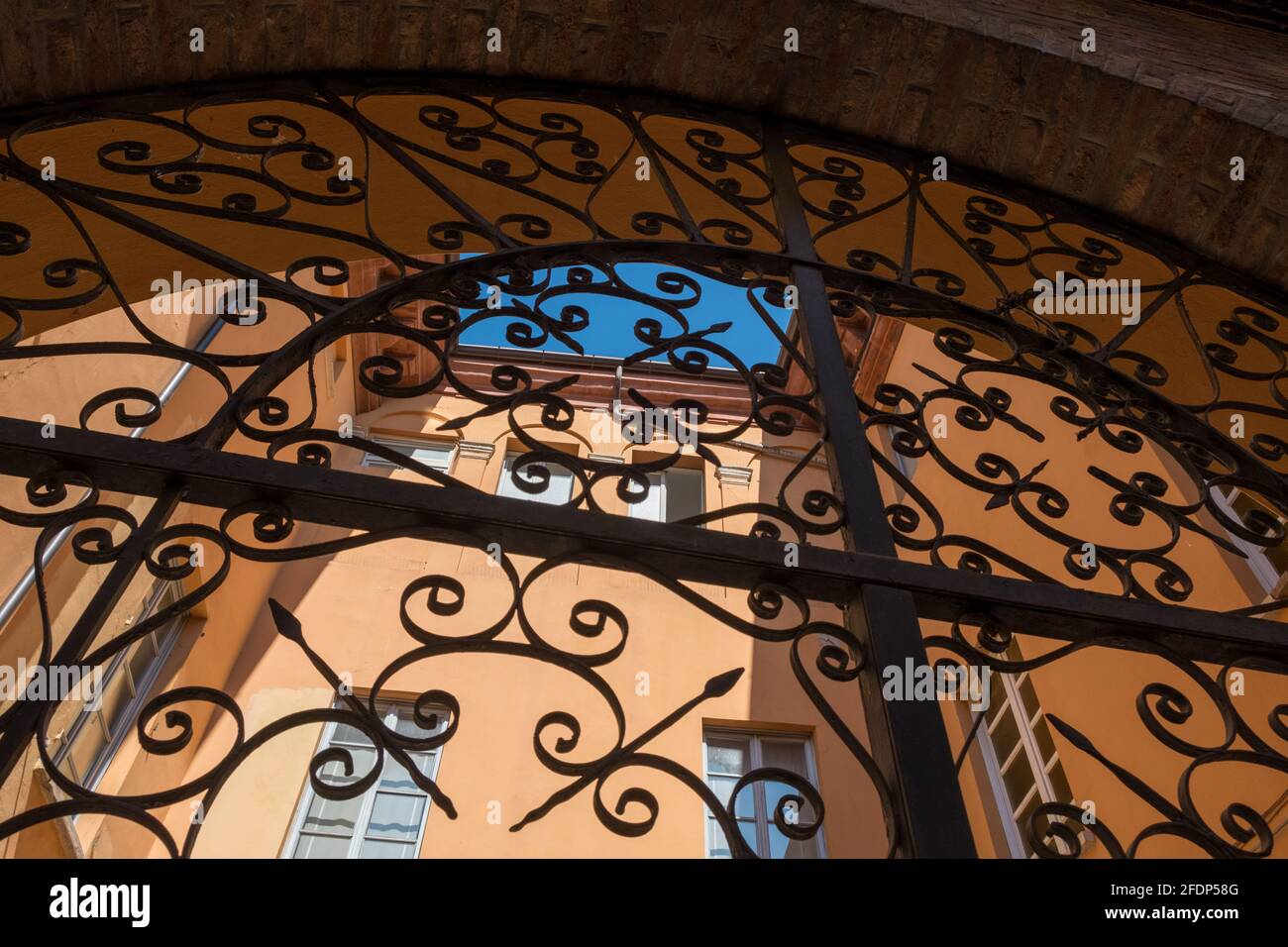 Close up of elegant iron gated town house, Piacenza, Emilia-Romagna, Italy Stock Photo