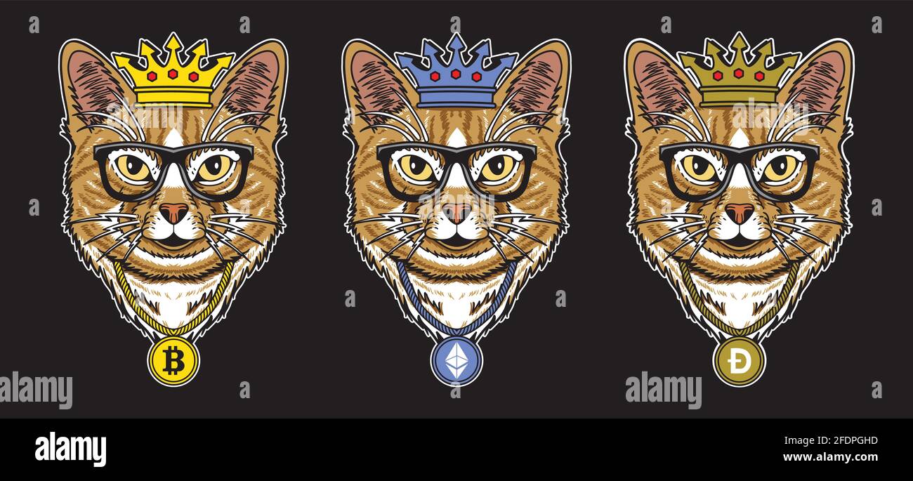 Set collection of the cool cat with cryptocurrency necklace and king crown  in flat vector illustration Stock Vector Image & Art - Alamy