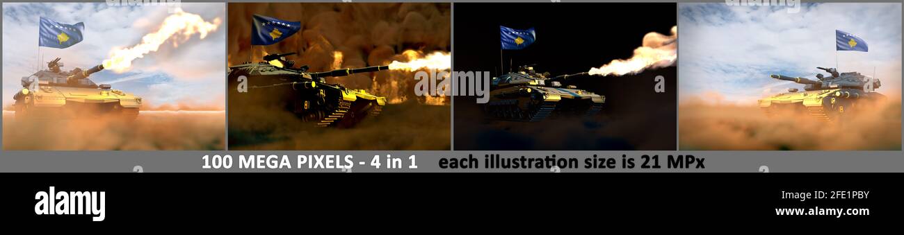 4 highly detailed illustrations of heavy tank with design that not exists and with Kosovo flag - Kosovo army concept, military 3D Illustration Stock Photo