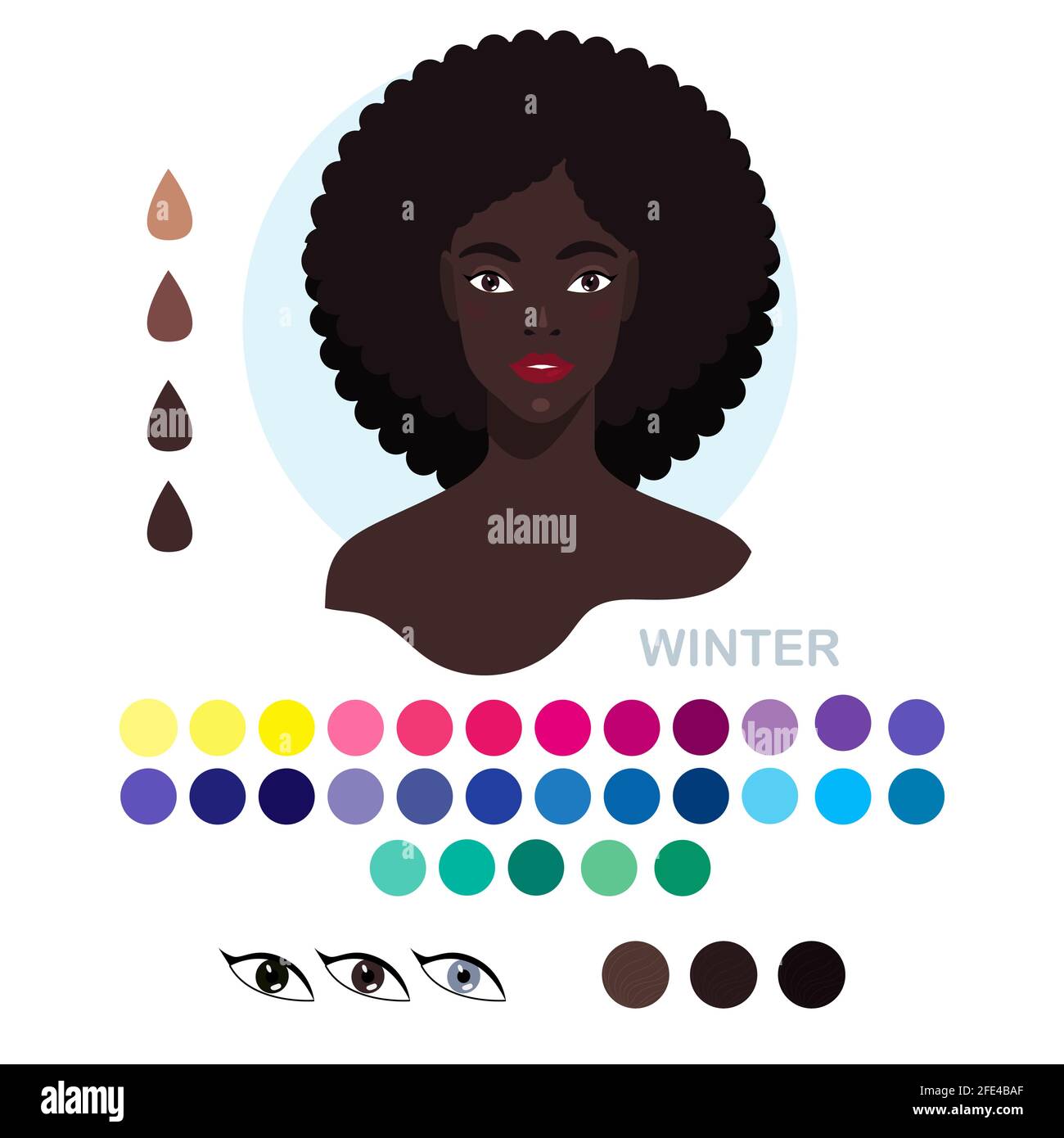 Black woman appearance color type winter. Woman portrait with color type or types of skin color. Fashion guide chart with analysis of skin tone color Stock Vector