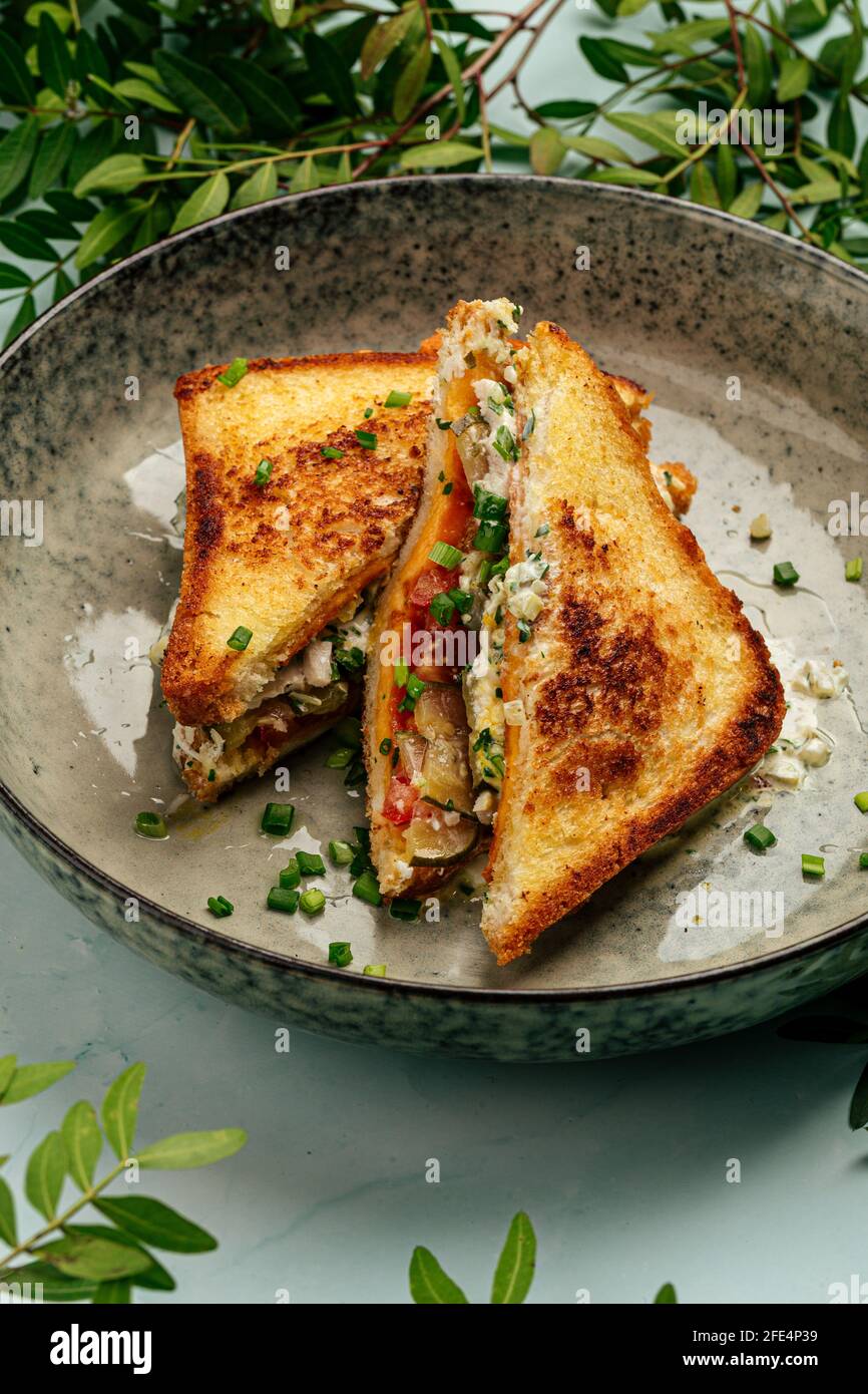 Gourmet appetizing breakfast sandwiches Stock Photo