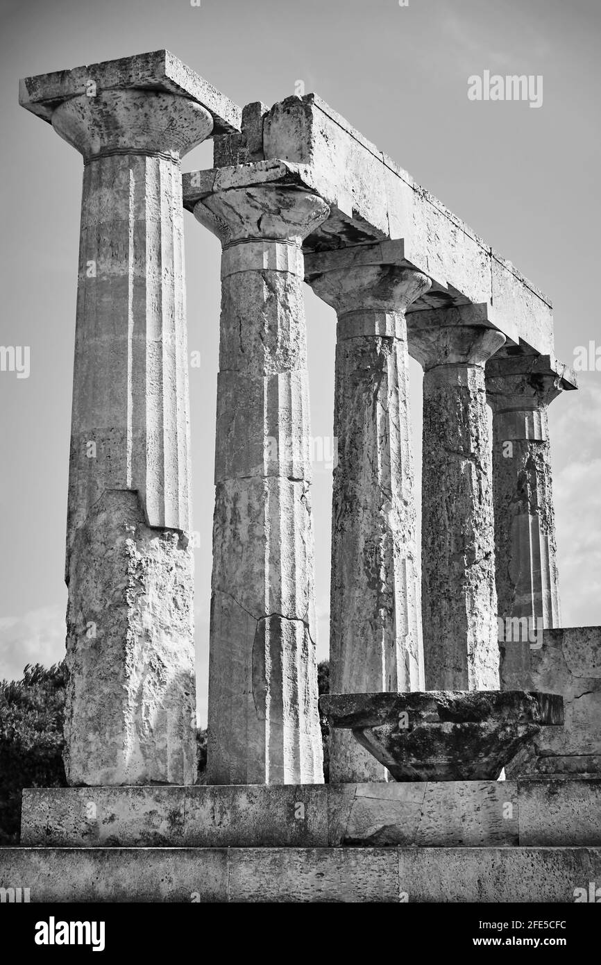 Columns of Temple of Aphaea in Aegina Island in Greece.  Black and white photography. Ancient greek architecture Stock Photo