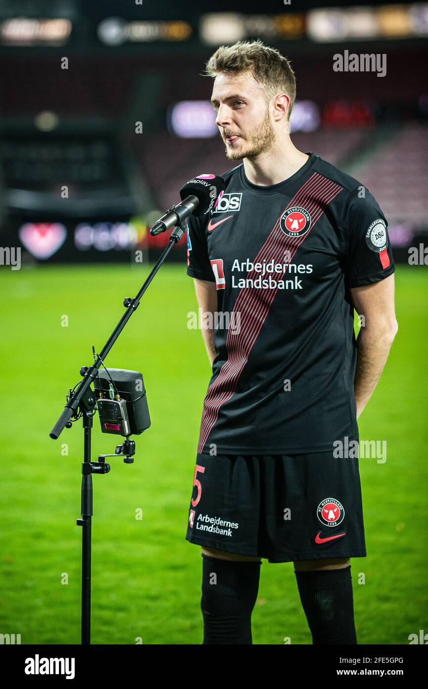 Herning, Denmark. 22nd, April 2021. Daniel Hoegh (5) of FC Midtjylland seen  during tv-interview after the 3F Superliga match between FC Midtjylland and  FC Copenhagen at MCH Arena in Herning. (Photo credit: