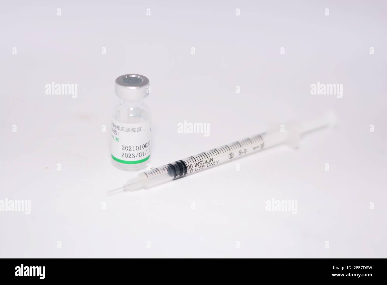 A Sinopharm COVID-19 vaccine bottle dose , Sars-Cov-2 Vaccine inactivated vero cell, Sinopharm is a Chinese state-owned company Stock Photo