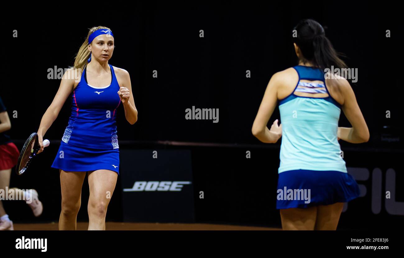 Raluca Olaru of Romania and Nadiia Kichenok of Ukraine playing doubles at the 2021 Porsche Tennis Grand Prix, WTA 500 tournament on April 23, 2021 at Porsche Arena in Stuttgart, Germany - Photo Rob Prange / Spain DPPI / DPPI / LiveMedia Stock Photo