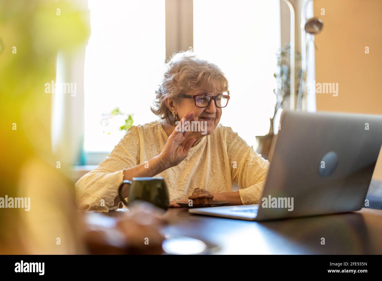 Happy senior woman using laptop at home Stock Photo
