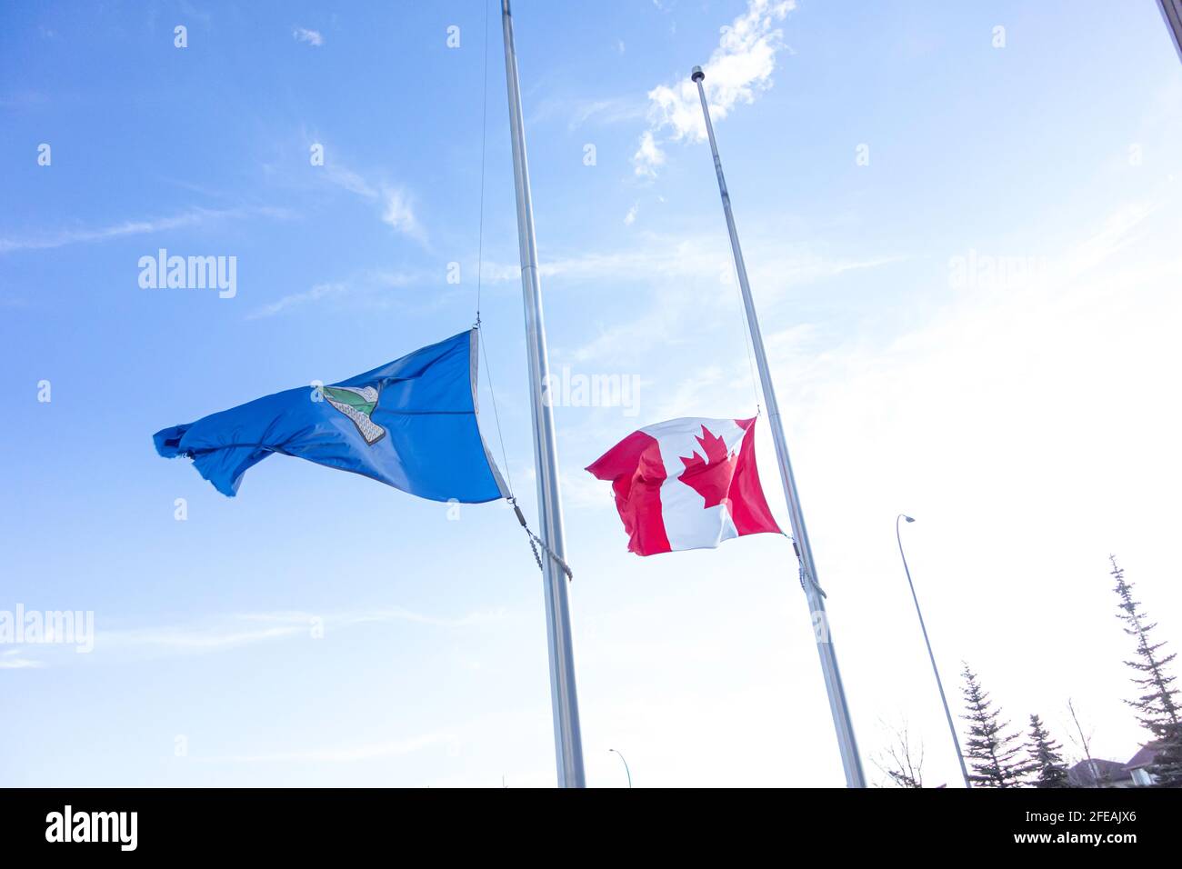 Canadian Flag and Alberta Provincial Flag at Half Mast Stock Photo Alamy