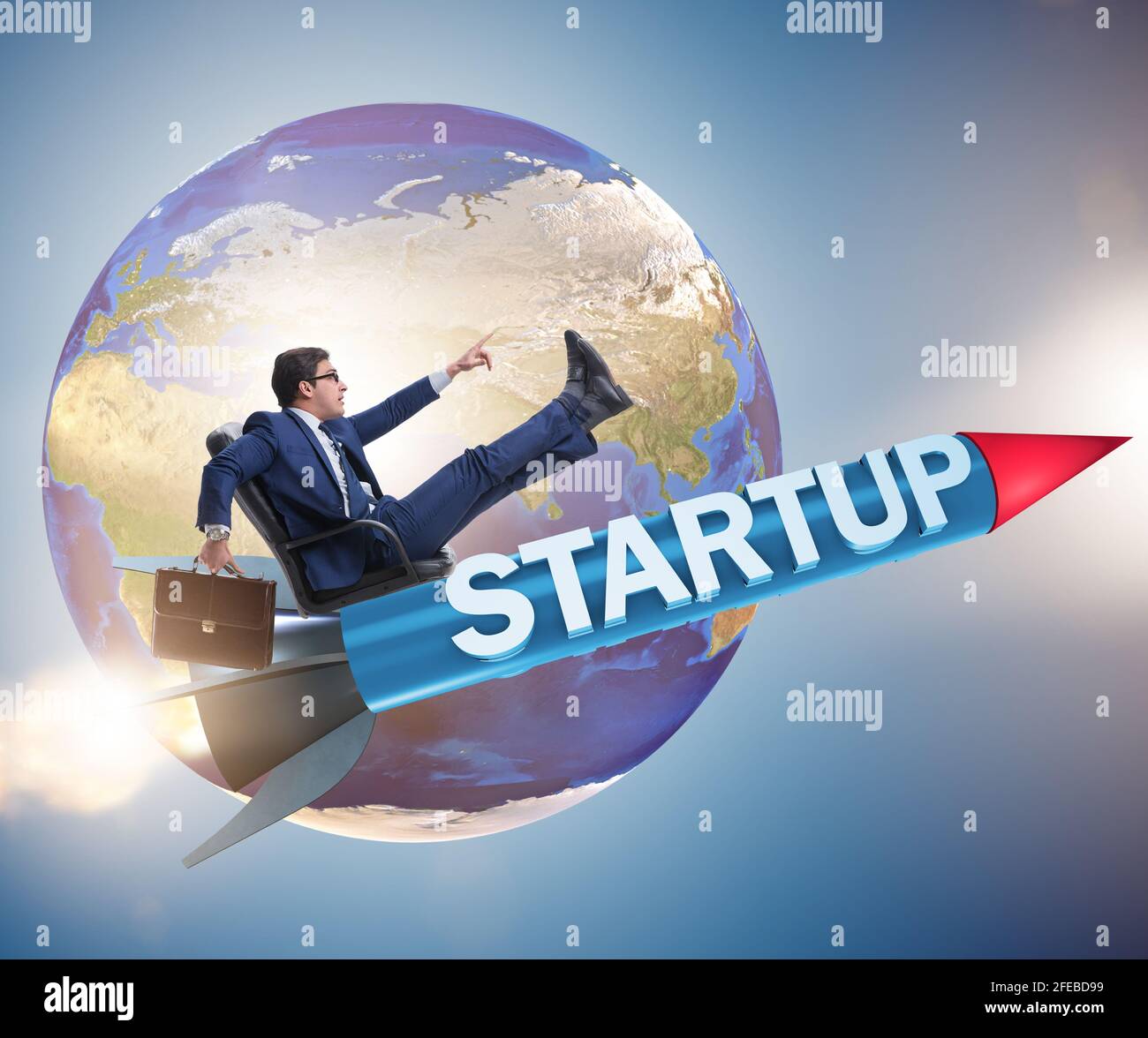 The businessman in start-up concept flying on rocket Stock Photo - Alamy