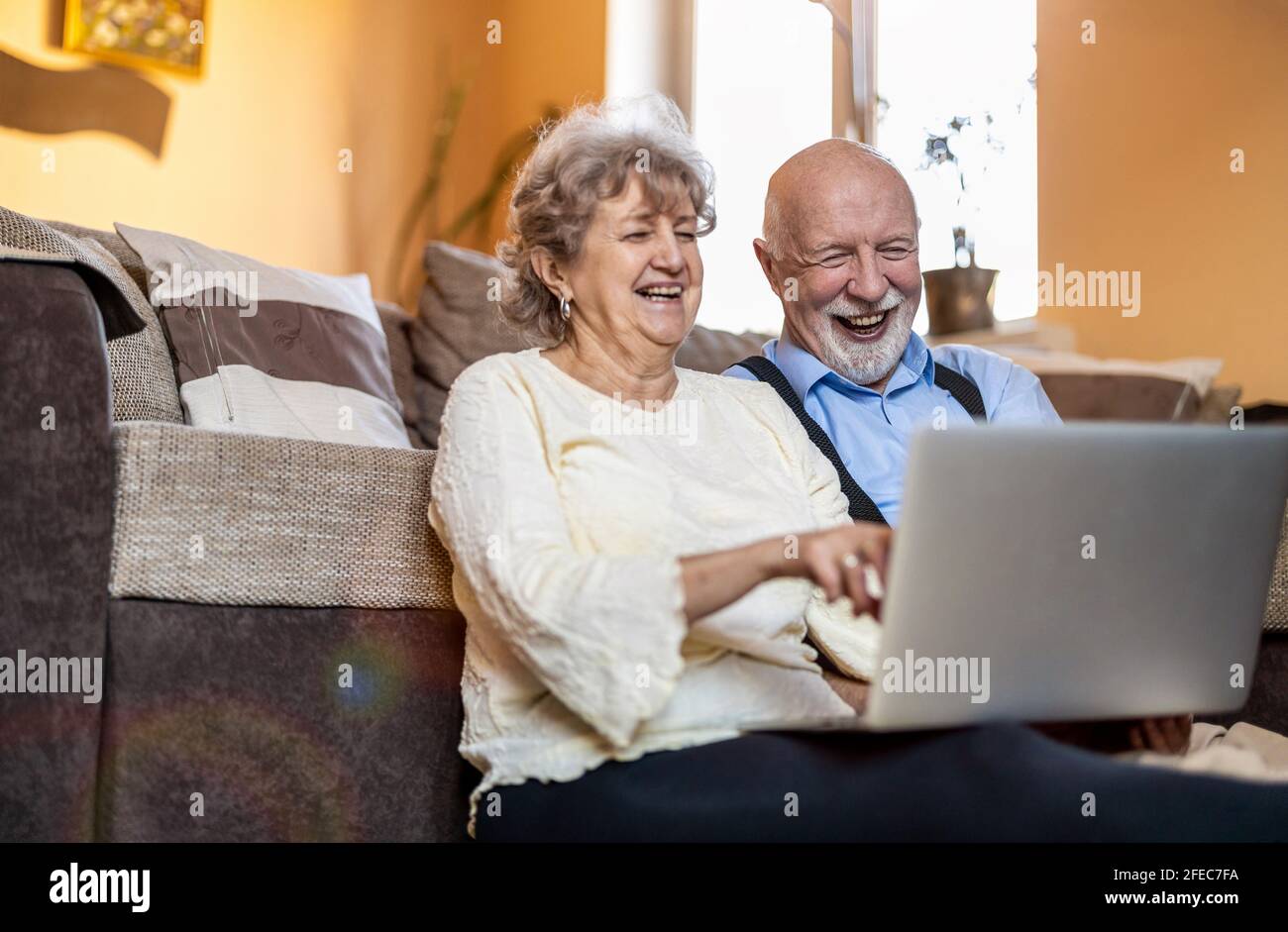 Senior couple using a laptop at home Stock Photo