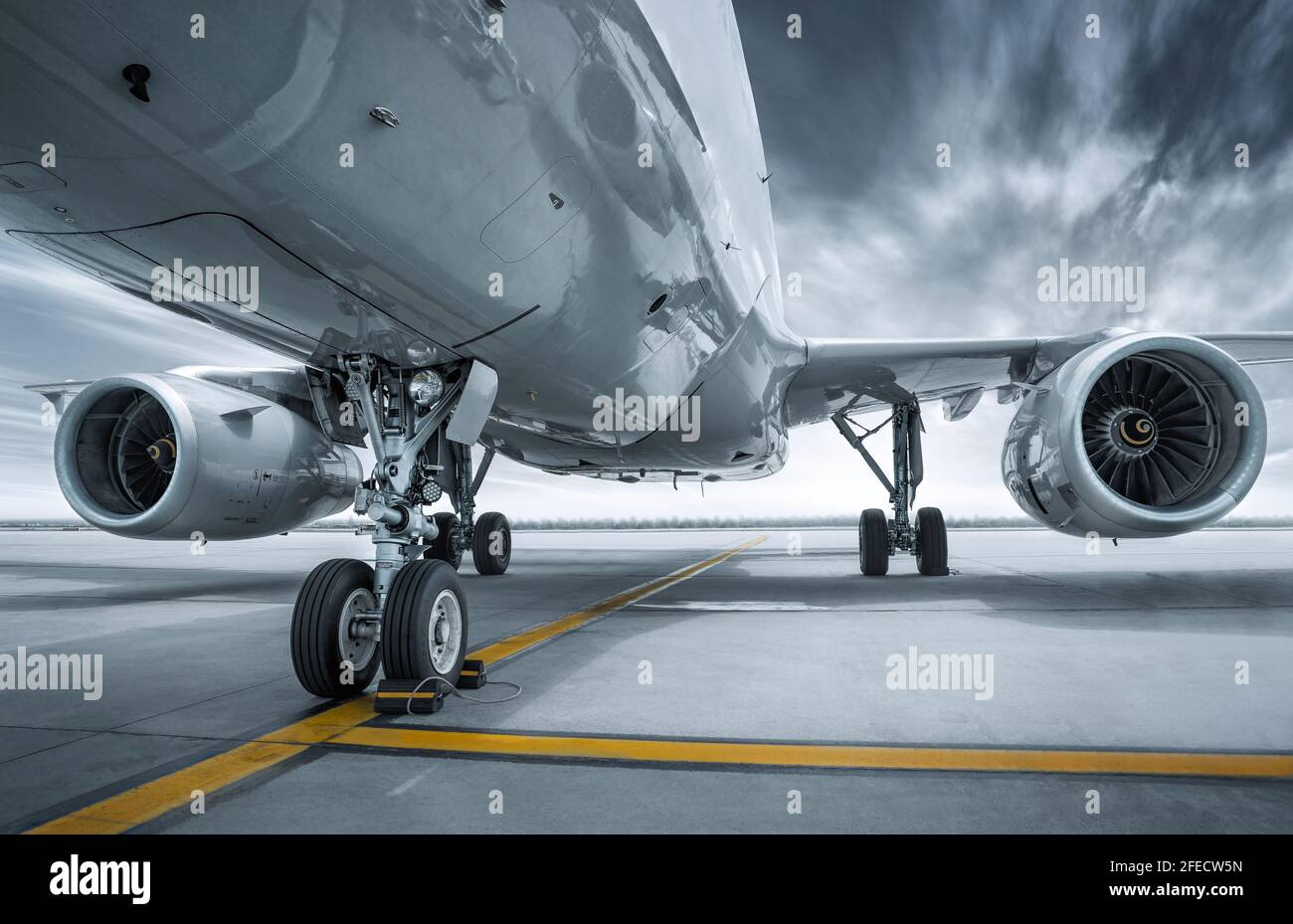modern airplane gets prepared for take off Stock Photo