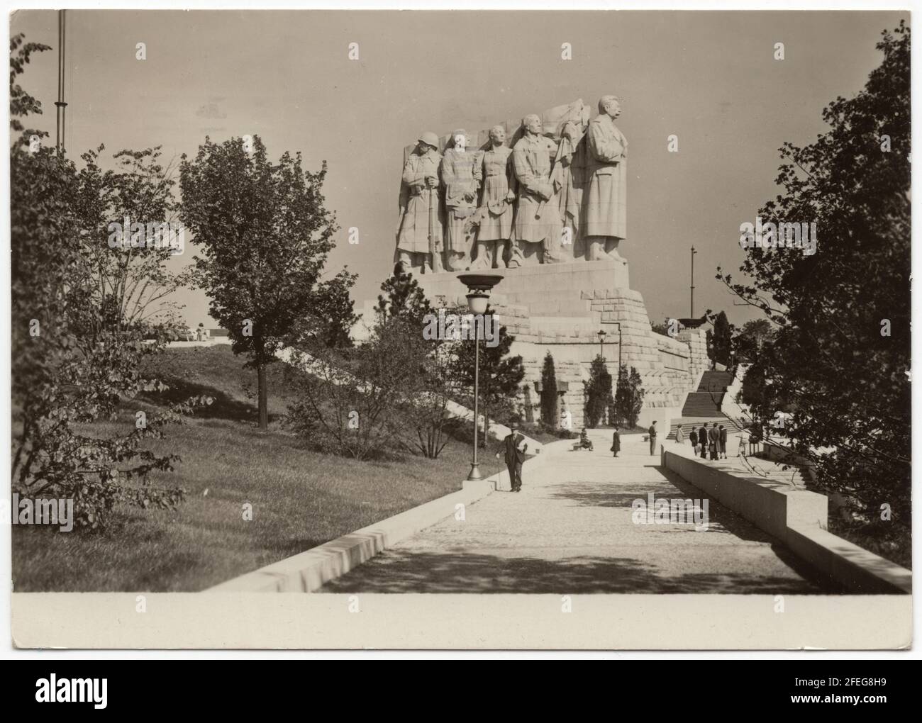 Stalin's Monument in Prague, Czechoslovakia, depicted in the Czechoslovak vintage postcard issued in 1955. Courtesy of the Azoor Postcard Collection. Stock Photo