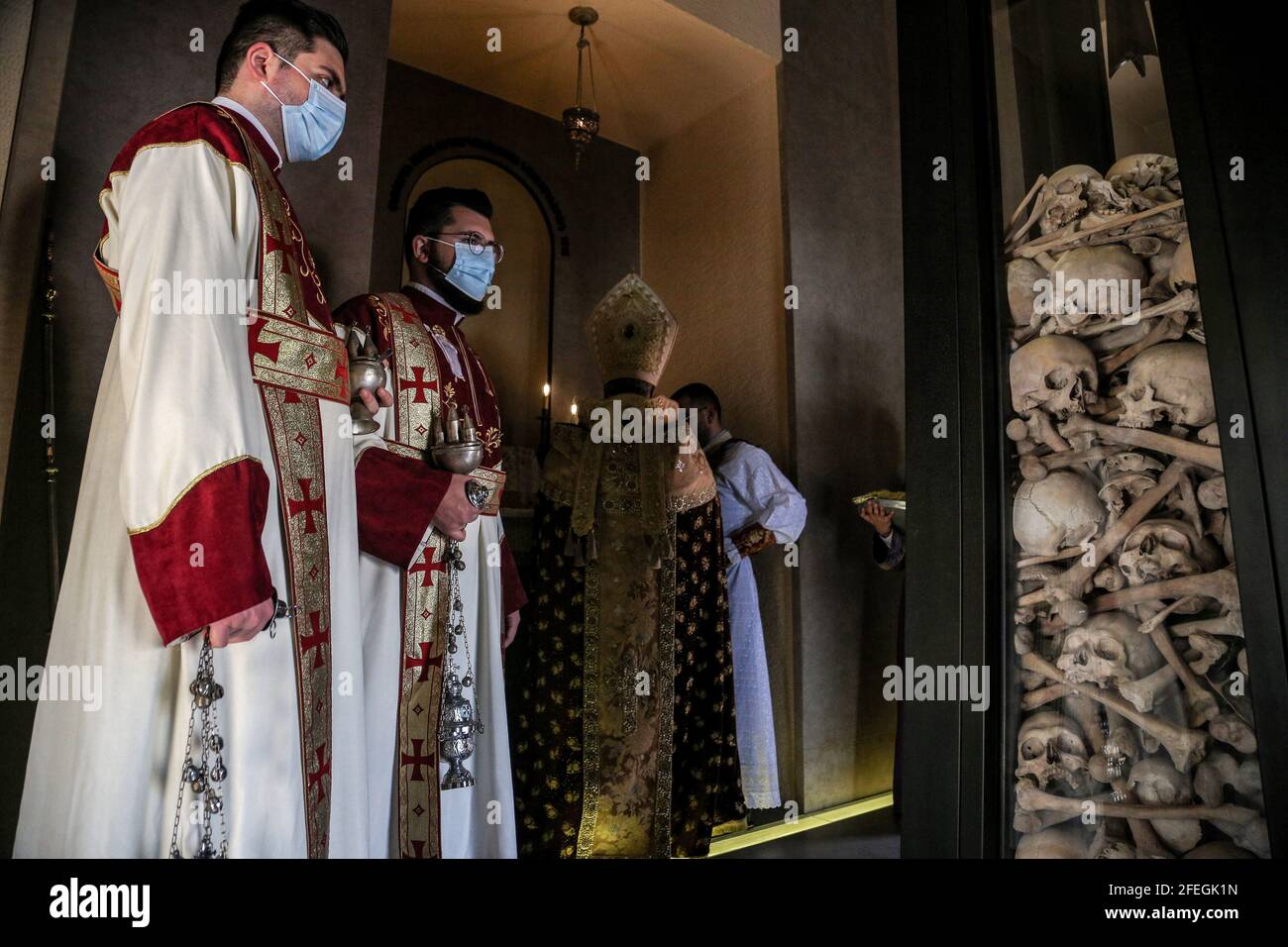 Antelias, Lebanon. 24th Apr, 2021. Lebanese Armenian clergymen stand
