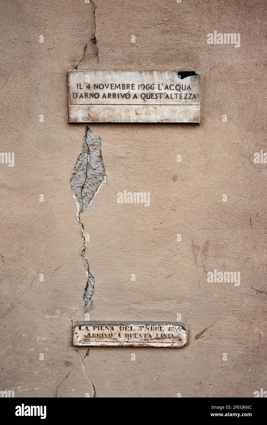 Memorial plaques commemorating the flood of the Arno in 1966, and the previous in 1844. Stock Photo